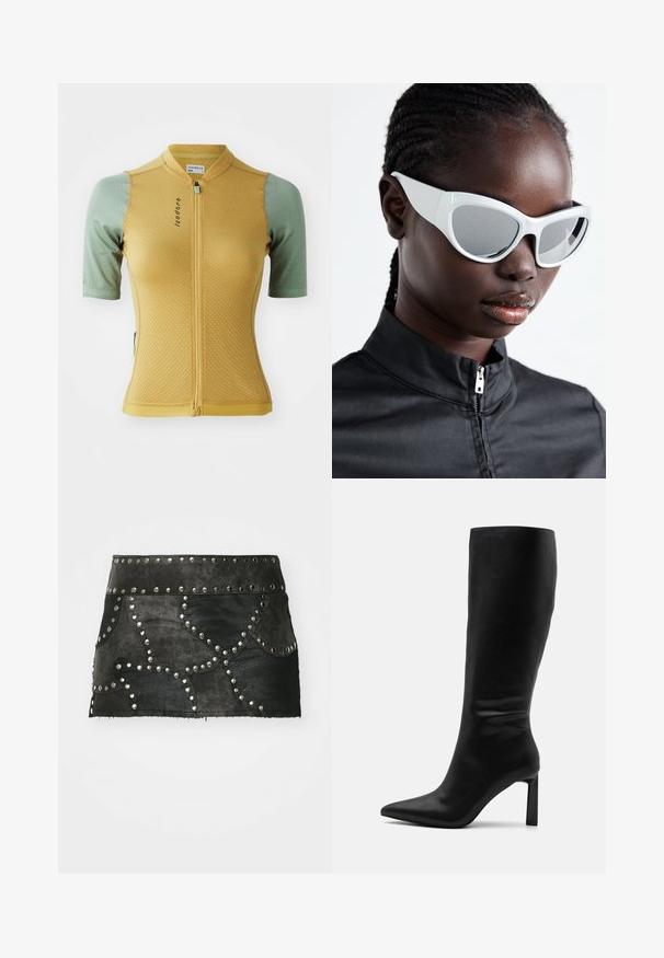 Dzeltena un zaļa riteņbraukšanas krekls ar īsām piedurknēm, ar teksturētu audumu, priekšējo rāvējslēdzēju un logo uz krūšu daļas. Tam ir pieguļošs dizains.; Melna ādas svārki ar dekoratīviem sudraba kniedēm un izliekto šuvju dizainu. Raksturīga pieguļoša jostasvieta un apakšmala, kas atrodas virs vidus ciskas.; Even&Odd Zābaki - black; Baltas saulesbrilles ar drosmīgu, pārmērīgu dizainu un spoguļstikliem, kuru rāmis ir veidots no gludas plastmasas un izceļas ar izteiktiem līkumiem.