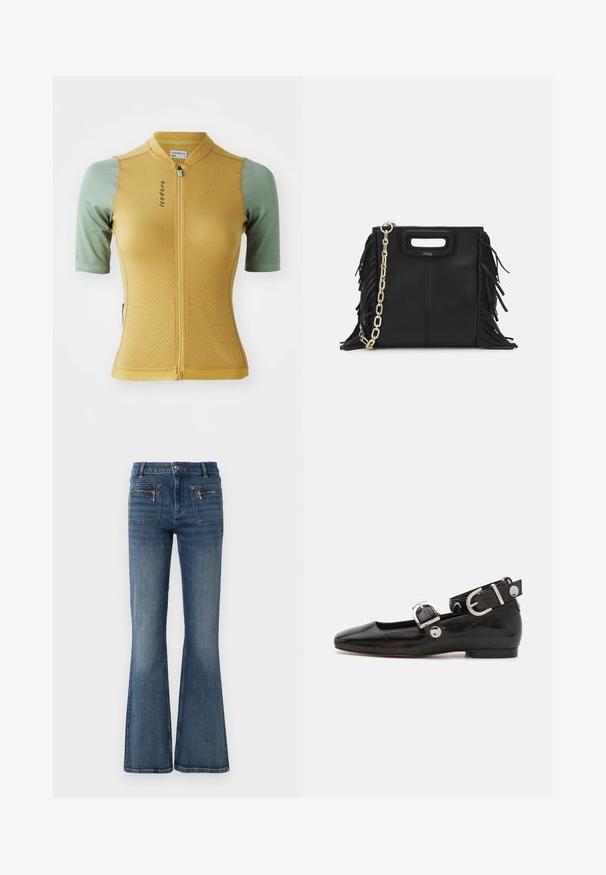 Gul och grön cykeltröja med korta ärmar, texturerad tyg, frontdragkedja och en logotyp på bröstet. Har en åtsittande design.; Uppfläkta blå denimjeans med medelhög midja, med fram- och bakfickor samt en subtil blekning.; Svart lacklädersplattork med fyrkantig tå, ankelrem med silverfärgad detalj och platt sula. Slät yta med minimalistisk design.; Svart läderhandväska med fransdetaljer, guldkedja som axelrem och ett handtag med urtag. Har logotyp placering framtill.