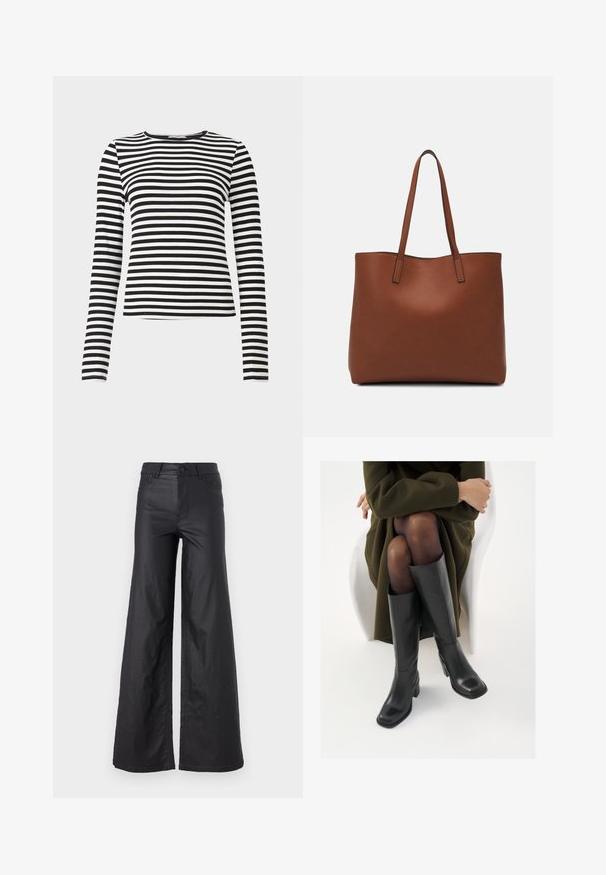 Black and white striped long-sleeve top with a round neckline. Made from a ribbed fabric, it features evenly spaced horizontal stripes.; Black, wide-leg pants in a faux leather material. Features a high waist, belt loops, two front pockets, and stitched detailing.; Knee-high black leather boots with a squared toe and block heel, shown with a model seated in an olive green coat. Smooth texture, minimal detailing.; Brown leather tote bag with a smooth texture, open top design, and two shoulder straps. Features minimal stitching and no visible hardware.