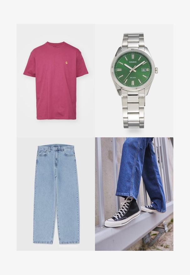 Carhartt WIP CHASE - Basic T-shirt - dusty fuchsia/gold; Light blue denim jeans with straight leg design, featuring a mid-rise waist, five pockets, and a button and zipper closure.; Black high-top sneakers with white sole and laces, paired with loose blue denim jeans, resting on a gray railing.; Silver stainless steel watch with a round green dial, silver hour markers, date display, and a metal link bracelet. Water-resistant to 50 meters.