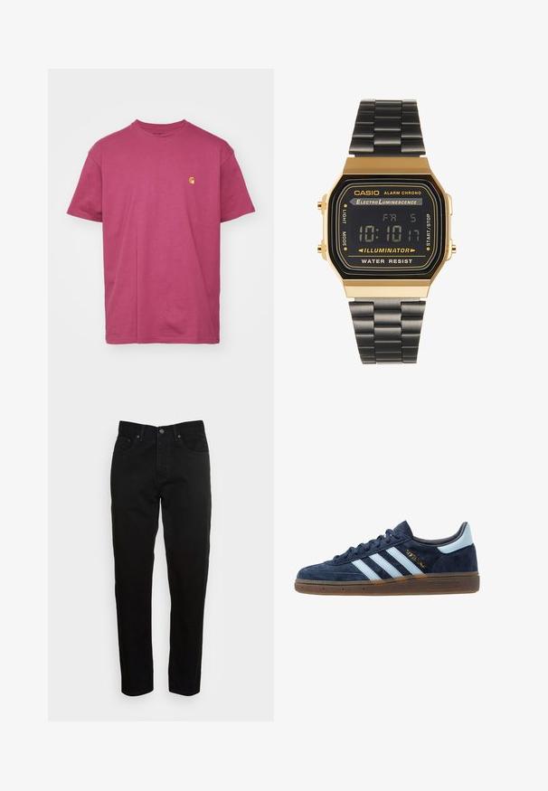 Carhartt WIP CHASE - T-shirt basic - dusty fuchsia/gold; Zwarte slim-fit jeans met een knoopsluiting aan de voorkant en een vijf-pocket ontwerp, weergegeven tegen een effen lichtgrijze achtergrond.; Marineblau suede Adidas sneaker met lichtblauwe strepen, gumzool, lichtblauw hielstuk en gouden "Spezial" branding aan de zijkant.; Digitale polshorloge met een rechthoekige kast in goudkleur, zwart LCD-scherm en een zwarte metalen band. Kenmerken zijn onder andere een alarm en waterbestendigheid.