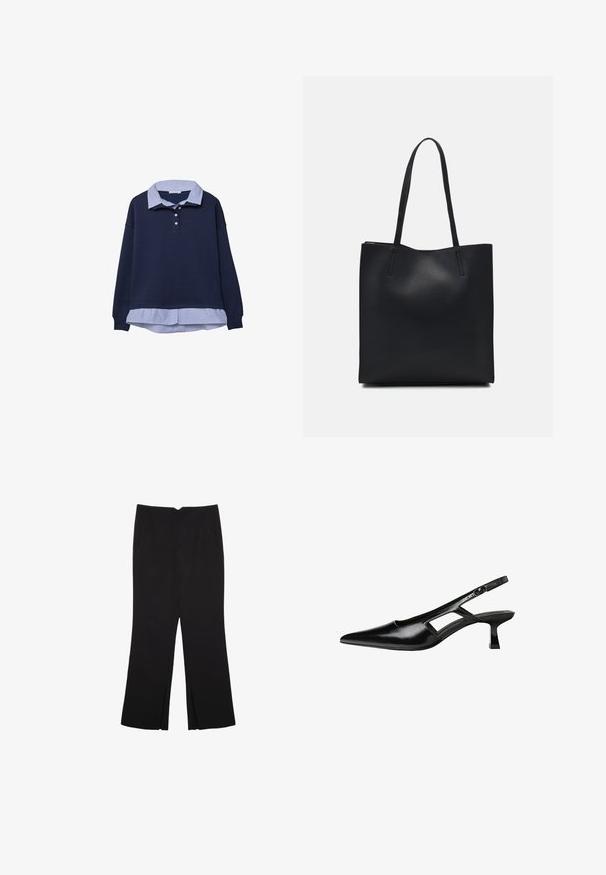 Felpa blu navy con uno strato sottostante a collare a righe blu, dotata di tre bottoni sul collo e polsini a coste.; Pantaloni neri a gamba dritta, con tasche frontali e spacchi laterali all'orlo. Realizzati in tessuto morbido e liscio. Adatti a diverse occasioni.; Tacchi slingback in pelle verniciata nera con punta affusolata, design con tagli laterali e tacco quadrato piccolo. Texture liscia con dettagli minimi.; Borsa tote in pelle nera con texture liscia, forma rettangolare e due manici lunghi. Nessun hardware o decorazione visibile.
