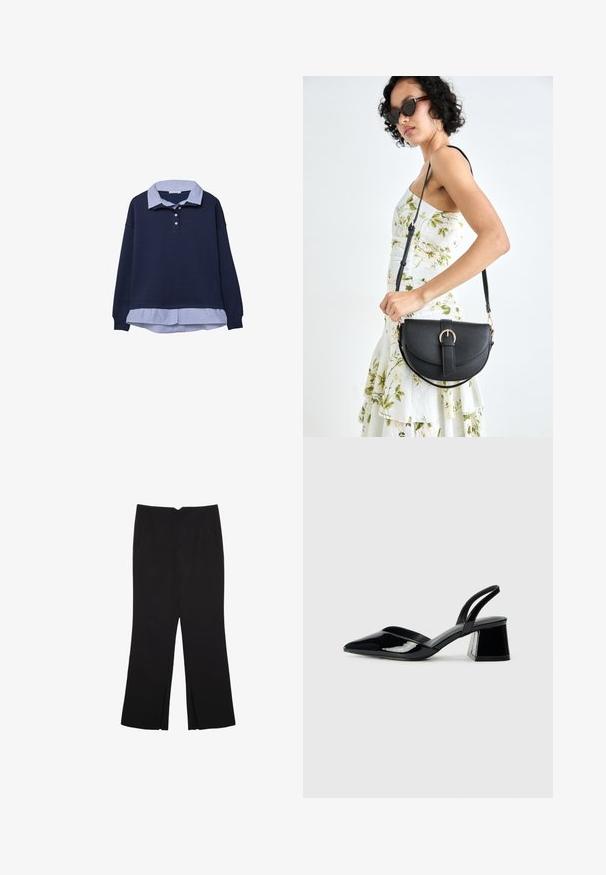 Merinovärinen huppari, jonka alla on raidallinen sininen pusero. Kauluksessa on kolme nappia ja hihansuissa ribbikuvio.; Mustat housut suoralinjaisella leikkauksella, joissa on etutaskut ja sivurei'ät helman alla. Valmistettu pehmeästä ja sileästä kankaasta. Sopii eri tilaisuuksiin.; Mustat patentoitu nahkakengät, joissa on säären takaosa ja terävä kärki, sekä geometrinen palikkakorko. Sisältää tyylikkään, minimalistisen muotoilun ja sileän pinnan.; Musta nahkainen käsilaukku, joka on kaareva muotoilultaan, irrotettavalla hihnalla ja kultaisilla yksityiskohdilla. Laukussa on läppä, jossa on solk yksityiskohta.