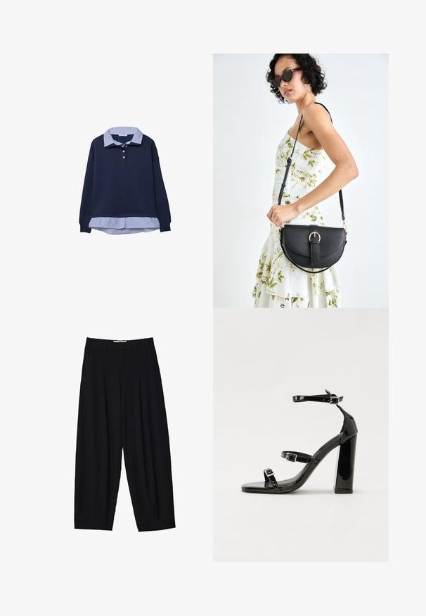 Mornarska dukserica s plavim prugastim ovratnikom ispod, koja ima tri dugmeta na vratu i rebraste rukave.; Crne široke hlače od laganog materijala, s prednjim plitkim nabora, klasičnim pojasom i bočnim džepovima. Glatka tekstura.; Crne lakirane sandale na visoku petu s dva remena s kopčama, kvadratnim vrhom i masivnom blok petom, s glatkom, sjajnom teksturom.; Crna kožna torba s lukovitim oblikom, odvojivim remenom i zlatnim detaljima. Torba ima preklop s kopčom.