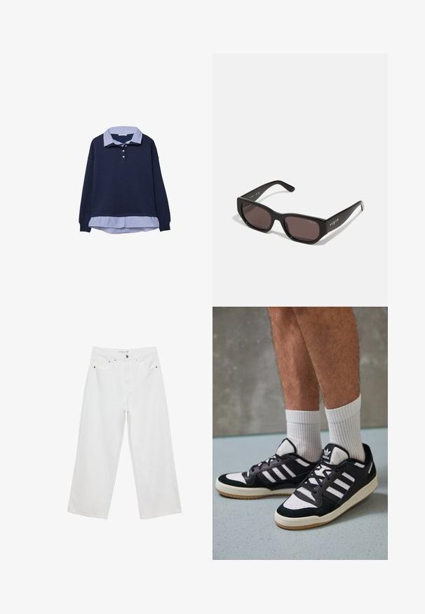 Felpa blu navy con uno strato sottostante a collare a righe blu, dotata di tre bottoni sul collo e polsini a coste.; Jeans bianchi a gamba larga realizzati in denim con vita alta, dotati di cinque tasche e dettagli in metallo. Texture liscia, senza motivi visibili.; Sneaker bianco e nero con tomaia in suede e pelle, caratterizzati da tre strisce bianche, punta perforata e suola in gomma naturale.; Occhiali da sole rettangolari neri con lenti scure. Presentano una montatura in plastica liscia e un dettaglio del logo sulla tempia. Design pulito e moderno.