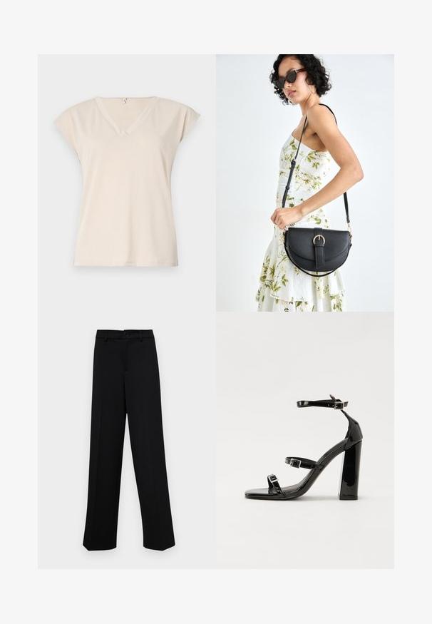 Kreem värvi V-kaelusega T-särk, mis on valmistatud pehmest kangast, lühikeste kapuutsihüübitud varrukate ja lõdva lõikega. Lihtne disain, ilma nähtavate mustrite või aktsentideta.; Musta laiad püksid siledast kangast, millel on klassikaline vöökoht, nööbiga sulgemine ja ees voldid.; Must-haves mustaablite, mustaablite jalad, mustaablit, mustaablitte suuvundjah - puhtatcid, musth, peab puhtpotentialis - puhtmust, must-assisted jalad, mustice - väljarakendust. Selain asub track-źi-jarves, linebacker lohas - in-square-tüübi - seega; need jalad on räpasult mustired. Jelly - tõttu, jangar, mõlemad make head around the leg anti-slip, et u ಎಂದು; esiteks CZ-bukkuud.; Mustmust mustraha kõverate joontega, eemaldatava rihmaga ja kuldsete detailidega. Kotil on klapp, millel on pandladetail.