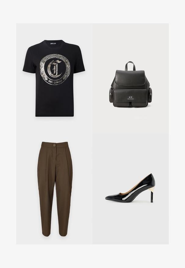 T-shirt en coton noir avec un logo métallique argenté représentant un serpent entourant les lettres "J" et "C". Manches courtes, col rond.; Pantalons marron taille haute avec une silhouette ajustée, devant plissé et fermeture à un seul bouton. Tissu lisse avec un léger éclat.; Armani Exchange Escarpins à talons hauts - black; Sac à dos en cuir noir avec un rabat de fermeture, poche frontale, compartiments latéraux à zip et une poignée supérieure. Présente des détails de logo à l'avant.