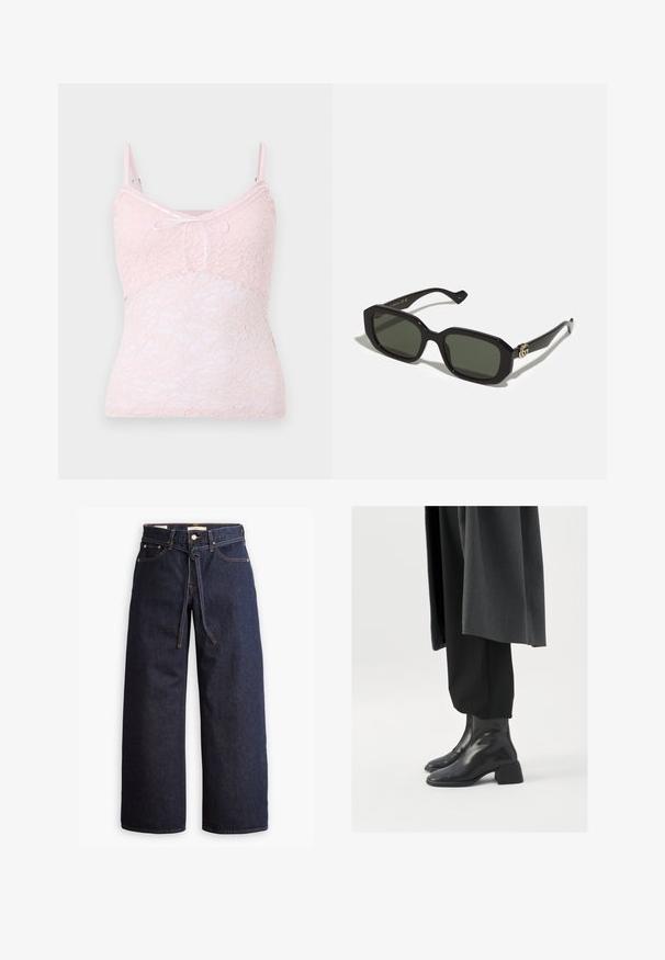 Hollister Co. Viršus - pale lilac; Plačios kojų tamsiai mėlynos džinsinės kelnės su aukštu liemeniu, turinčios raištį, penkias kišenes ir kontrastingas siūles.; Juodos odinės aulinukės su kvadratine pirštine ir masyviu kulnu, dėvimos su laisvomis juodomis kelnėmis ir tamsiai pilku paltu. Lygus paviršiaus tekstūra.; Juoda stačiakampė akiniai nuo saulės su vientisais žaliais lęšiais, turintys blizgų paviršių ir auksinį logotipą šone.