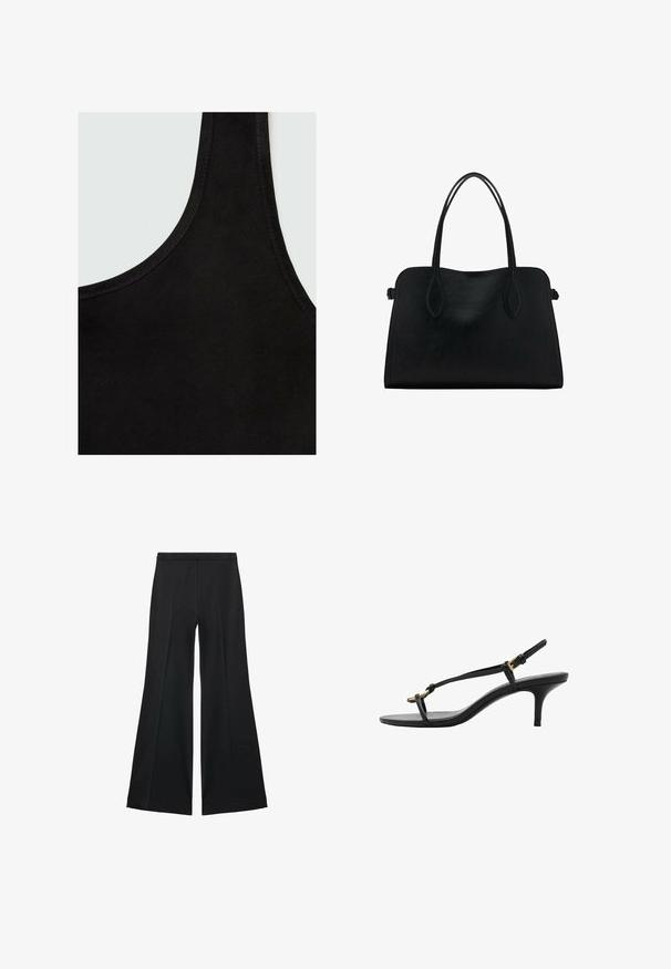 Mango Top - black; Pantaloni neri a gamba larga con una texture liscia, caratterizzati da pieghe frontali e un design sartoriale. Il tessuto è leggero e fluido.; Sandal con zeppa kitten nera in pelle, con sottili cinturini, fibbia dorata e una minimalista fascetta per le dita su sfondo bianco.; Borsa a mano in pelle nera con doppio manico, forma rettangolare e design minimalista su sfondo bianco.