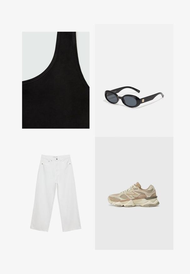 Mango Top - black; Bílé široké džíny z denimu s vysokým pasem, které mají pět kapes a kovové ozdoby. Hladký povrch, bez viditelných vzorů.; Béžové sportovní tenisky s materiály z síťoviny a semiše, kulatou špičkou, silnou podrážkou a výraznými reflexními akcenty po straně.; Černé oválné sluneční brýle s tmavými skly, lesklým plastovým rámem, širokými stranami a malým zlatým detailem na jedné straně.