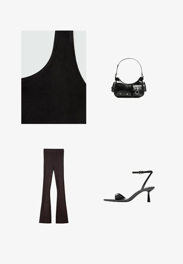 Mango Top - black; Bershka Hlače - dark brown; Bershka Sandali z visoko peto - black; Črna lakasta usnjena torbica s ukrivljeno obliko, enim ramenskim trakom, sprednjimi žepi in srebrnimi kovinskimi dodatki.