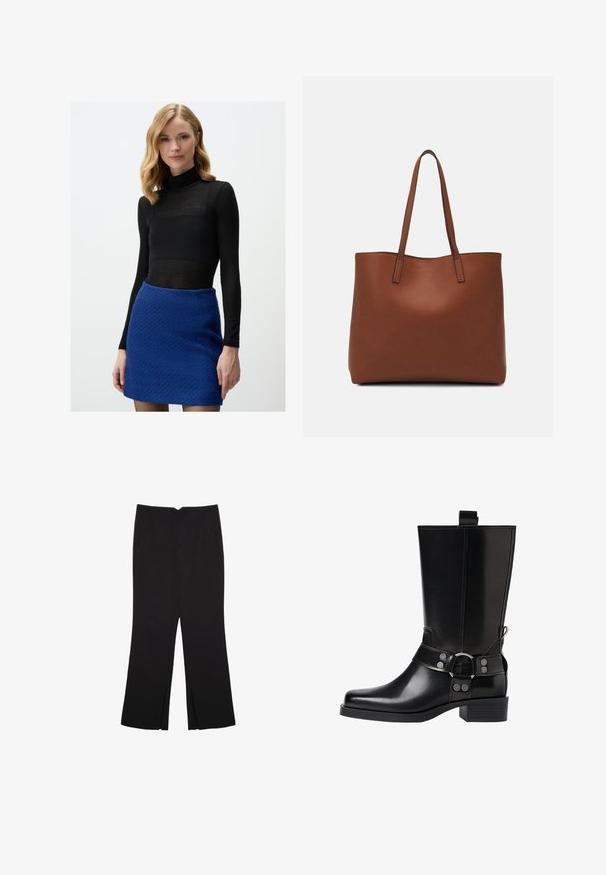 Schwarzes langärmliges Rollkragenoberteil, kombiniert mit einem strukturierten blauen Minirock. Das Oberteil ist durchsichtig, während der Rock ein gewebtes Muster aufweist.; Schwarze Hose mit geradem Schnitt, ausgestattet mit Fronttaschen und Seitenschlitzen am Saum. Hergestellt aus weichem, glattem Stoff. Geeignet für verschiedene Anlässe.; Schwarze Lederstiefel bis zum Knie mit spitzer Zehenform, silbernen Schnallenakzenten und einem klobigen Absatz. Verfügt über eine Zuglasche für einfaches Anziehen.; Braune Leder-Tote mit glatter Textur, offenem Oberteil und zwei Schulterriemen. Verfügt über minimale Nähte und keine sichtbaren Beschläge.