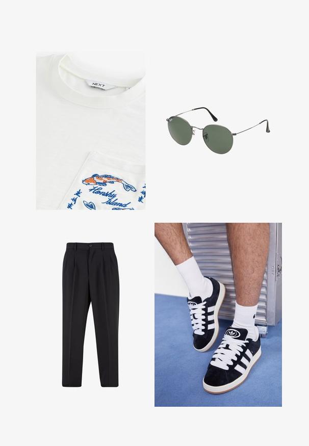 Biała koszulka z okrągłym dekoltem, z kieszonką wyszywaną kolorowymi rybami koi oraz napisem "Honsky Island" w kolorze niebieskim. Miękka tekstura.; Czarne spodnie z plisowanym przodem, wykonane z gładkiego materiału. Zapięcie na guzik i szlufki na pasek; prosty krój nogawek.; Czarne zamszowe sneakersy z białymi sznurówkami i trzema białymi paskami. Posiadają okrągłe czarne logo na języku i gumową podeszwę.; Okulary przeciwsłoneczne z metalową ramą i owalnymi zielonymi soczewkami. Cienka srebrna metalowa rama i czarne końcówki zauszników. Minimalistyczny design, bez widocznych logo.