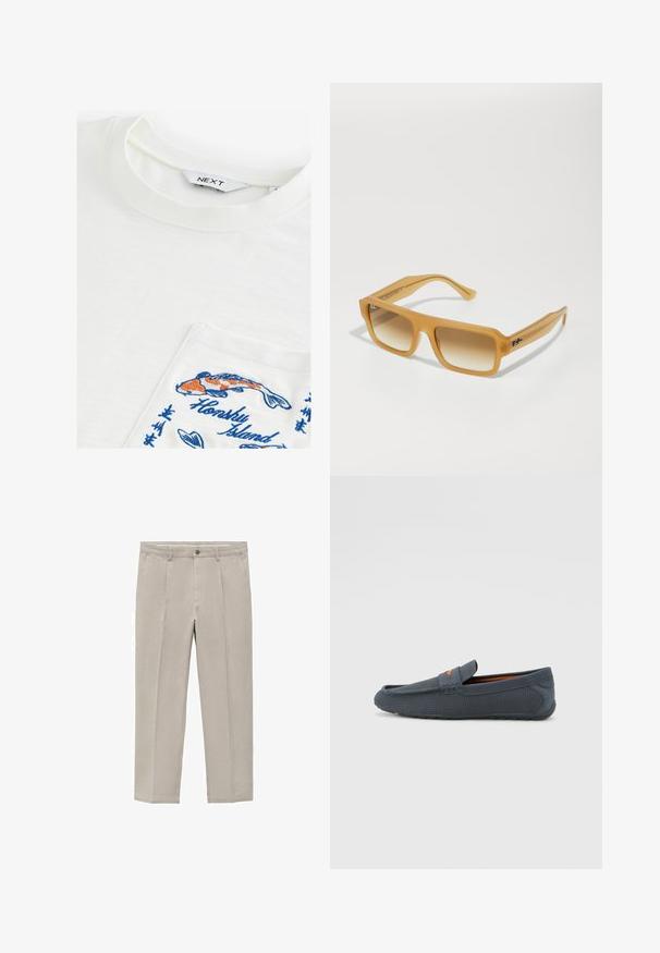 Tricou alb cu guler rotund, având o buză brodată cu pești koi colorați și textul "Honsky Island" în albastru. Textură moale.; Pantaloni bej deschis dintr-un amestec de bumbac, cu un design dreapt, pliuri frontale, închidere cu nasture și buzunare laterale.; Loaferi perforați gri, cu un design slip-on, având un accent portocaliu, vârful rotund și talpa din cauciuc texturat.; Ochelari de soare rectangulari cu un cadru transparent, de culoare chihlimbar. Lentile brune cu o nuanță gradient și temple proeminente cu un accent logo. Finisaj neted și lucios.