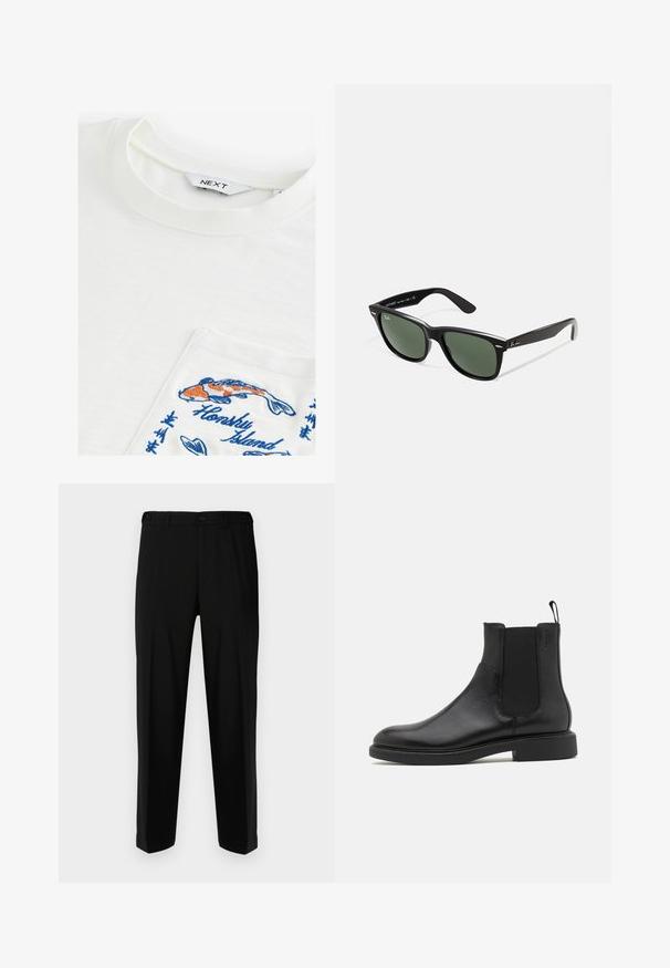 Valkoinen T-paita, jossa on pyöreä kaula-aukko. Paidassa on tasku, jossa on kirjottu värikkäitä koi-kaloja ja teksti "Honsky Island" sinisellä. Pehmeä rakenne.; Mustat housut sileästä kankaasta, suora malli, kaksi etutaskua sekä vetoketjulla ja napilla varustettu etulukitus.; Mustat nahkasaappaat nilkkamittaisina, joissa on sileä pinta, joustavat sivupaneelit ja vetotappi. Pyöreä varvastila ja litteat kumipohjat, joissa on minimaalinen pito.; Mustat muoviset aurinkolasit, joissa on vihreät linssit, neliönmuotoiset kehykset, hopeinen yksityiskohta kulmakarvojen kohdalla sekä tekstuuriset temppeleiden varret. Brändi ilmoitettu sisävarsissa.