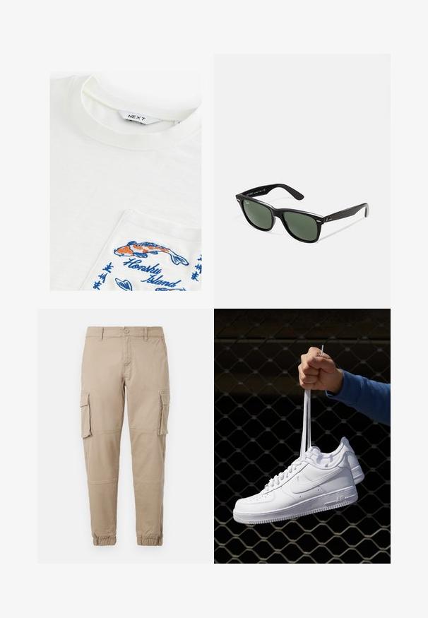 Weißes T-Shirt mit Rundhalsausschnitt, das mit einer Tasche bestickt ist, die bunte Koi-Fische und den Text "Honsky Island" in Blau zeigt. Weicher Stoff.; Beige Cargo-Hosen aus leichtem Baumwollmaterial. Mit elastischen Bündchen, mehreren Seitentaschen und einem Knopfverschluss.; Weiße Leder-Sneaker mit Perforationen, runder Zehenpartie, flacher Sohle und dicken Schnürsenkeln, mit sichtbar eingesticktem Swoosh-Logo und "AIR" an der Ferse.; Schwarze Plastiksonnenbrille mit grünen Gläsern, quadratischen Rahmen, silbernem Akzent auf der Augenbraue und strukturierten Bügeln. Angegebene Marke auf dem inneren Bügel.