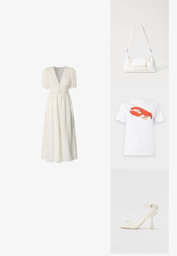 Hvit bomull t-skjorte med et stort, lyst rødt hummermotiv på fronten. Korte ermer og standard rund hals-design.; Hvit midikjole med puffermer, dyp V-hals, stoff med broderte detaljer, knappelukking i midjen, svaiende skjørt.; Høyhælte sandaler med stropp i hvitt lær, med et stilrent design, gjennomsiktig blokkhæl og et dekorativt element ved tåen.; Hvit syntetisk håndveske med trekantet form, flat klaff foran og sløyfe detaljer, justerbar stropp, glatt tekstur og minimalistisk design.