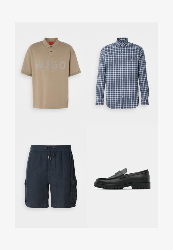 Bežs polo krekls ar apkakli, īsām piedurknēm un lielu pelēku "HUGO" logo priekšpusē. Ar divu pogu atloku.; Zila un balta pārbaudīta pogājama krekls ar apkakli, garām piedurknēm un kabatas logotipu. Izgatavots no kokvilnas materiāla ar vienmērīgu pārbaužu rakstu.; Vīriešu tumši zili kargo šorti, izgatavoti no viegla auduma, ar elastīgu jostu un auklu, kā arī divām sānu kabatām.; Melnas ādas loafers ar noapaļotu purngalu, ar izšūtu dizainu, zemu platformas zoli un teksturētu, rievotu gumijas ārējo zoli.
