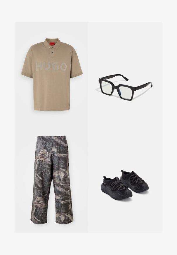 Béžová polo košeľa s golierom, krátkymi rukávmi a veľkým šedým logom "HUGO" vpredu. Obsahuje zapínanie na dva gombíky.; Nohavicový strih s camo vzorom v tlmených odtieňoch sivej a hnedej farby, s elastickým pásom a voľným strihom na zvýšenie pohodlia a pohyblivosti.; Čierne športové topánky s textúrovanou gumovou podrážkou, polstrovaným textilným zvrškom, elastickým šnúrkami a pútkami na päte pre jednoduché obúvanie.; Čierne slnečné okuliare s matným povrchom, so priehľadnými šošovkami a jemným modrým odtieňom na jednej strane. Robustný, uhlový dizajn.