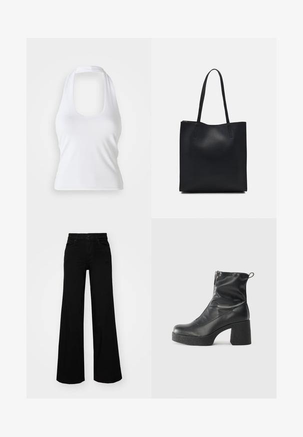 White halter top with a scoop neckline, made of smooth, stretchy fabric. Features a minimalist design without embellishments or patterns.; Black wide-leg pants made of denim, featuring a structured waistband, belt loops, and front pockets. Smooth texture with a classic design.; Black ankle boots made of smooth leather, featuring a side zipper, chunky textured heel, and rounded toe design.; Black leather tote bag with smooth texture, rectangular shape, and two long handles. No visible hardware or embellishments.