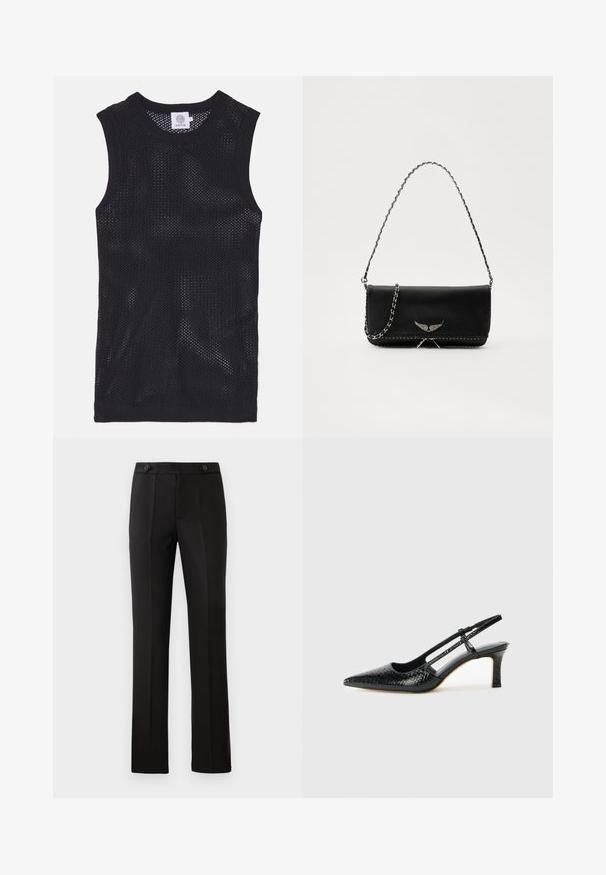 Črna brezrokavnica iz mrežastega blaga, ki ima okroglo ovratnik in rebraste robove, z lahkotno in zračno zasnovo.; Črne krojene hlače s ravnim nogavicam, dvema sprednjima žepoma, gumbom za zapiranje in nabranimi detajli spredaj. Gladka tekstura tkanine.; Črne lakaste slingback pete s koničastim nosom, ki imajo teksturiran vzorec kačje kože, nastavljiv trak in kratek teksturiran blok peto.; Črna usnjena torbica s srebrnim verižnim ročajem, ki ima okrasne krilate poudarke in belo šivanje ob spodnjem šivu.