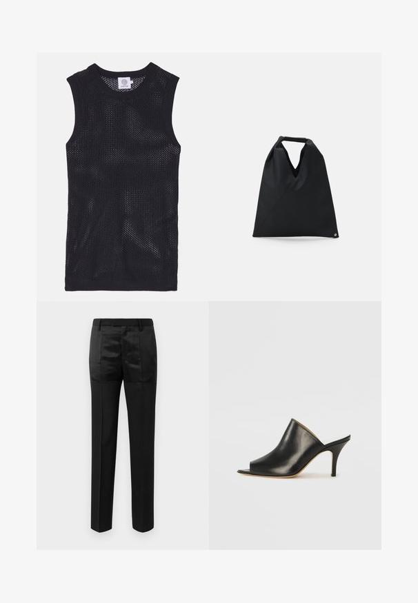 Black sleeveless jersey top made of mesh fabric, featuring a round neckline and ribbed trims, with a lightweight and breathable design.; Black tailored trousers with straight legs and a waistband with belt loops, featuring a mix of matte and shiny fabric panels.; Black leather open-toe mule with a sleek, curved design, high stiletto heel, and smooth texture. The interior features a contrasting light color.; MM6 Maison Margiela SMALL JAPANESE - Tote bag - black