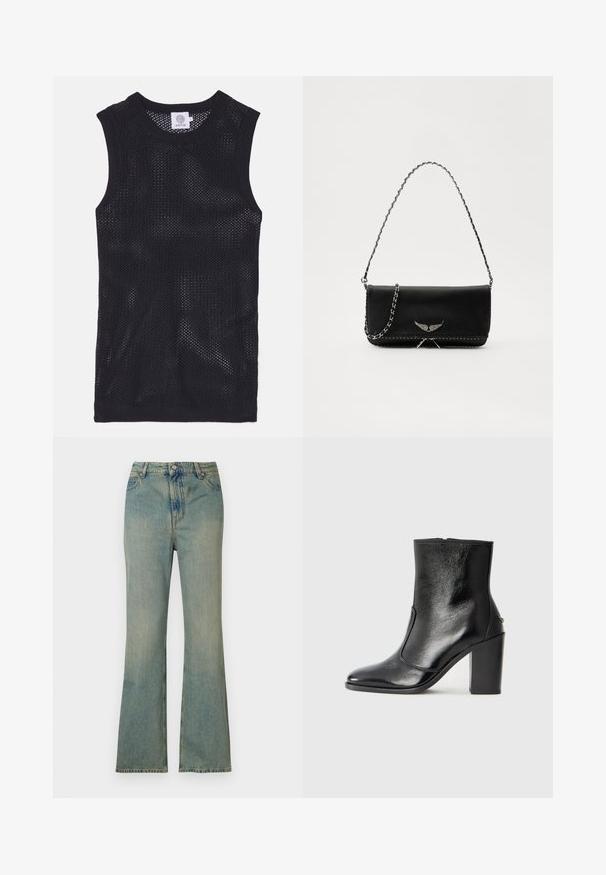 Crna bezrukava majica izrađena od mrežastog materijala, s okruglim izrezom i rebrastim obrubima, laganog i prozračnog dizajna.; Svijetloplave traperflare traperice s visokim strukom, pet džepova i zatvaračem. Čista, izblijedjela završna obrada s suptilnim detaljima šivanja.; Crna kožna čizma do gležnjeva s glatkom teksturom, špicastim vrhom i debelim visokim potpeticama. Ima bočni otvor i minimalistički dizajn.; Crna kožna torba s srebrnim lanac strapom, s dekorativnim krilnim naglascima i bijelim šavovima duž donjeg šava.
