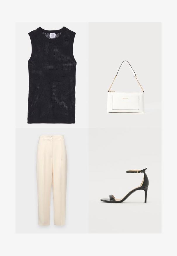 Black sleeveless jersey top made of mesh fabric, featuring a round neckline and ribbed trims, with a lightweight and breathable design.; Beige tailored trousers with a straight fit, featuring pleats at the front, a smooth texture, and a mid-rise waist. No visible pockets.; Black leather high-heeled sandal with an ankle strap. Features a smooth texture, open toe, and a thin heel. Gold-toned buckle detail.; White leather handbag with a textured finish, featuring a gold chain strap and black accents. Includes a front pocket and zipper closure.