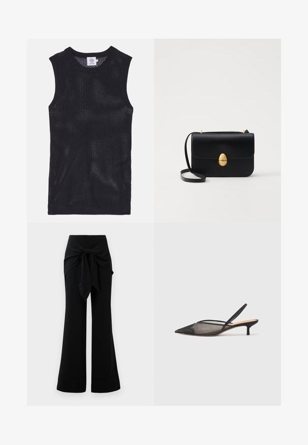 Schwarzes ärmelloses Jersey-Top aus Netzgewebe, mit Rundhalsausschnitt und gerippten Abschlüssen, leicht und atmungsaktiv.; Schwarze weit geschnittene Hosen mit einem Taillenknoten-Detail. Hergestellt aus weichem Stoff, der eine glatte Textur und klare Linien aufweist. Der Saum ist leicht ausgestellt.; NEOUS IRENA - Pumps - black; Schwarze Lederhandtasche mit strukturierter rechteckiger Form. Verfügt über einen goldenen ovalen Verschluss und einen dünnen Schulterriemen. Glatte Textur.