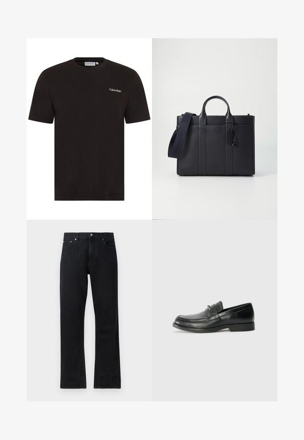 Black short-sleeve t-shirt made of cotton. Features a round neckline and a small white "Calvin Klein" logo on the left chest.; Black denim jeans with a straight-leg design, featuring a button closure, five-pocket style, and subtle stitching details.; Black leather loafers with a rounded toe, featuring a stitched design, a small front strap with hardware detailing, and a flat rubber sole.; Dark navy leather briefcase with dual top handles and a detachable strap. Features textured finish, vertical stitching, and logo detail.