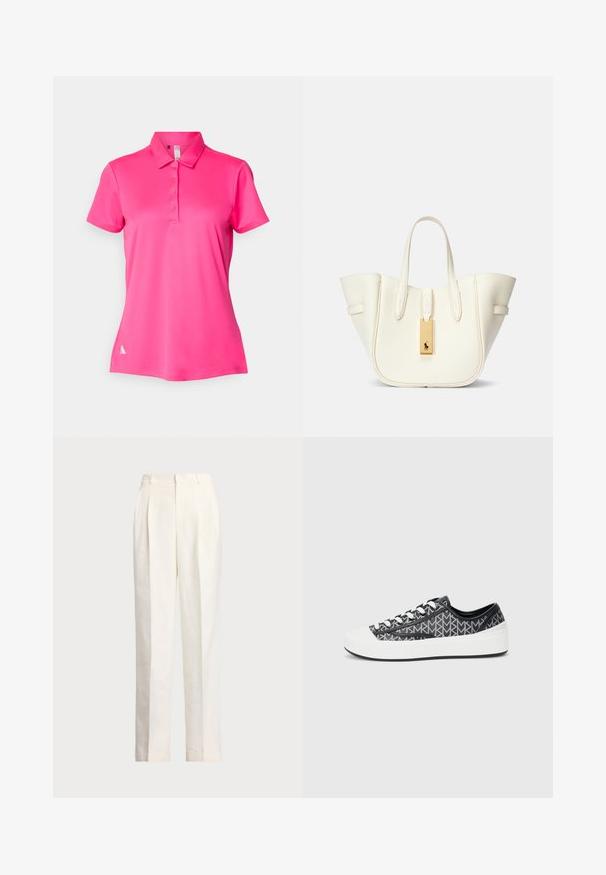 Camisa polo rosa feita de um tecido suave e leve. Apresenta um colarinho, uma pala com três botões e um pequeno detalhe de logótipo na bainha.; Polo Ralph Lauren HEMP WIDE LEG PANT - Calças - nevis; Ténis com padrão preto e cinzento, com biqueira e sola de borracha branca, apresentando atacadores pretos e um design superior texturizado.; Mala tote de couro branco com uma forma estruturada, costura proeminente, etiqueta de metal dourado e alças duplas. Superfície texturizada com bolsos laterais.