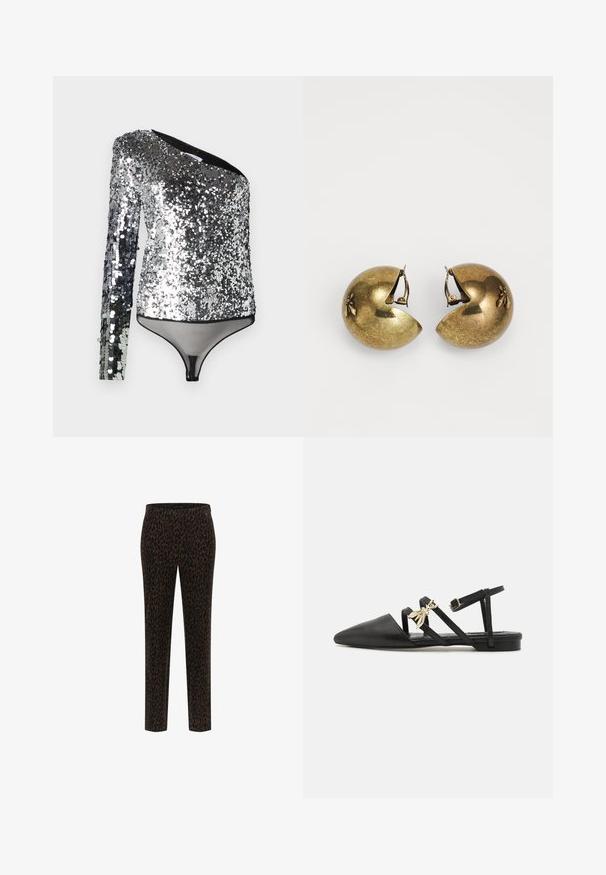 Patrizia Pepe Long sleeved top - silver; Black trousers with a leopard print pattern in shades of brown, slim-fit design, elastic waist, smooth fabric, and straight legs.; Black flat shoes with a pointed toe, made of smooth leather. Features crisscross straps and a decorative gold bee charm.; Brass earrings in a rounded, split design featuring a small leaf accent; smooth texture with a polished finish.