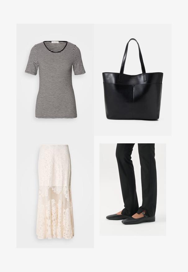 T-shirt de manga curta em preto e branco às riscas com decote redondo. Textura suave, design ajustado, linhas limpas, apresenta uma etiqueta na gola.; Saia midi em renda floral na cor creme; apresenta um design em camadas com seções transparentes, renda texturizada e uma barra rodada.; Sapatilhas de balé pretas em couro com bico fino, tira com fivela prateada, combinadas com calças pretas ajustadas com bainha fendida.; Bolsa tote preta em couro com duas alças longas, textura suave e forma estruturada. Apresenta um bolso frontal para armazenamento adicional.