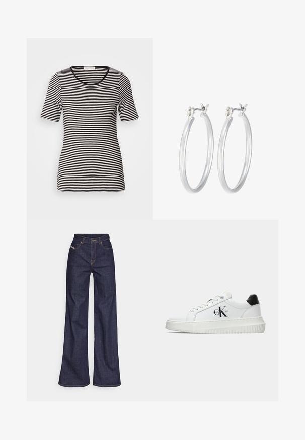 Mustvalge triibuline lühikeste varrukatega t-särk ümmarguse kaelusega. Pehme tekstuur, keha lähedane disain, puhtad jooned, kaelas on silt.; Tumedates sinised laiad teksad denimpesus, kõrge vöökohaga, mis on varustatud oranžide õmblustega, viie-taskulise disaini ja nööbiga kinnitusega.; Valge madalate sokkidega jooksutoss, millel on must konts, platvormi tallad, paelad ja Calvin Kleini "CK" logo küljel.; Hõbedased rõngaskõrvarõngad, millel on sile, läikiv viimistlus. Ümmargune kuju ja turvaline klõpsulatus. Kerge disain, sobib igapäevaseks kandmiseks.