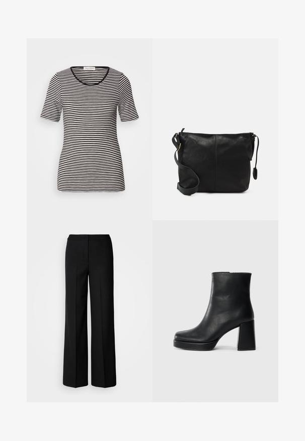 Svart og hvitstripete t-skjorte med korte ermer og rund hals. Myk tekstur, tettsittende design, rene linjer, har en etikett i nakken.; Svarte vide bukser med et glatt stoff, med høy livvidde, skreddersydde sømmer og et minimalistisk design. Ingen synlig maskinvare eller lommer.; Sorte skinnankelsko med blokkhæl og plattformsåle, sett fra siden på en enkel hvit bakgrunn.; Svart skinn crossover-veske med flat form, gullfarge detaljer og justerbar stropp. Glatt tekstur med minimale sømmer.