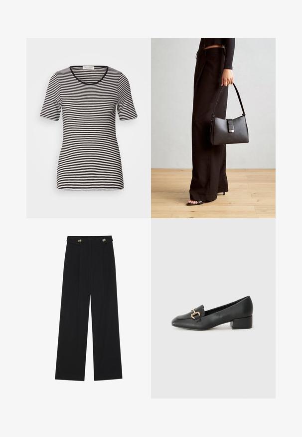 Juodai baltos dryžuotos trumpomis rankovėmis marškinėliai su apvaliu iškirpimu. Minkšta tekstūra, prigludusi forma, švarios linijos, ant kaklo yra etiketė.; Juodi plačios kojos kelnės su aukštu liemeniu, sagų detalėmis ant liemens ir priekinėmis raukšlėmis.; Juodi odiniai loaferiai su plokščiu kulnu, su dekoratyvia auksine detalės priekyje ir glotnia tekstūra.; Juodas rankinė struktūrizuota forma, lygi tekstūra ir metalinis užsegimas. Suporuota su plačiomis juodomis kelnėmis ir atvirais bateliais ant medinių grindų.