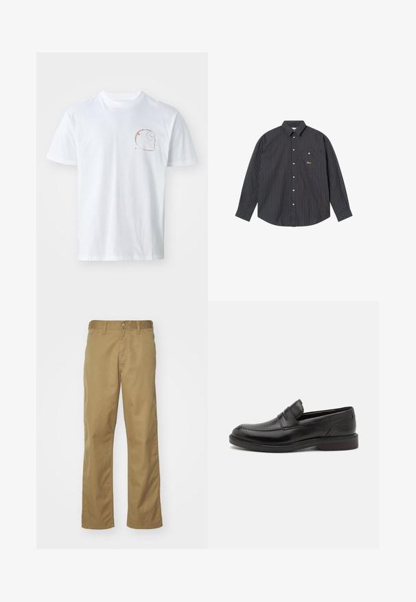 Weißes Baumwoll-T-Shirt mit einem kleinen braunen Spiral-Logo auf der linken Brust, kurzen Ärmeln und einem Rundhalsausschnitt.; Marineblaue Langarmbluse mit dünnen vertikalen Streifen in Hellblau und Orange, einem knöpfbaren Kragen, einer einzelnen Brusttasche und gesticktem Logo.; Khaki Chinos mit geradem Bein, aus glattem Baumwollstoff gefertigt. Mit einer Knopfverschluss vorn und seitlichen Taschen.; Schwarze Lederloafers mit genähter Zehenpartie, zwei horizontalen Riemen über dem Blatt und einem Holzabsatz. Glatte Textur und abgerundete Form.