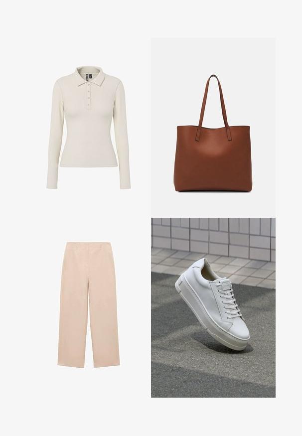 Polo majica z dolgimi rokavi v barvi slonovine iz rebraste tkanine s ovratnikom in petimi kovinskimi gumbi spredaj. Prilagojen kroj.; Bež široke hlače izdelane iz gladkega materiala, s ravnim sprednjim delom in zankami za pas, brez vidnih vzorcev ali okrasnih elementov.; Beli usnjeni športni copat z nizkim dizajnom, ravnimi vezalkami, zaobljenim nosom in teksturiranimi stranicami. Debel gumijast podplat z diskretnimi poudarki.; Rjava usnjena torba z gladko teksturo, odprto zasnovo zgoraj in dvema naramnima trakovoma. Opremljena je z minimalnim šivanjem in brez vidnih kovinskih delov.