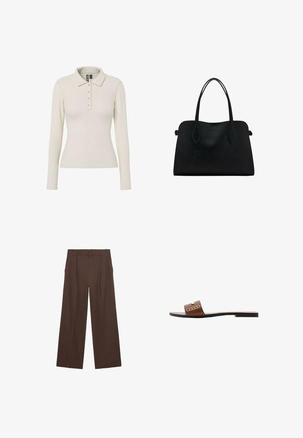 Polo tričko s dlhým rukávom v off-white rebrovanej látke s golierom a piatimi kovovými gombíkmi vpredu. Priliehavý strih.; Hnedé široké nohavice vyrobené z hladkej látky, s vysokým pásom, prednými záhybmi a dvoma bočnými vreckami.; Hnedé kožené šľapky s plochou podrážkou, s širokým pásikom a bielymi geometrickými akcentmi pre minimalistický dizajn.; Čierna kožená kabelka s dvojitými popruhmi na rameno, obdĺžnikový tvar a minimalistický dizajn na bielom pozadí.