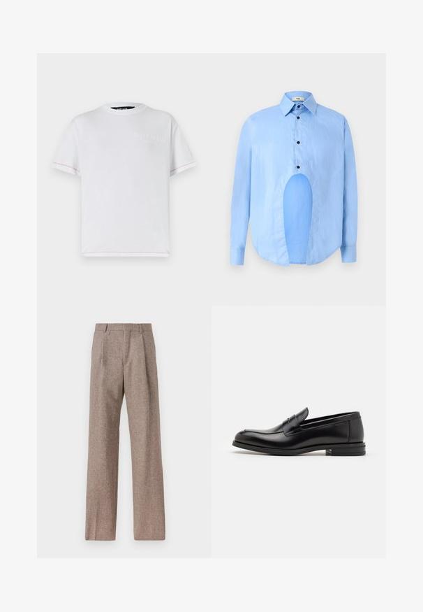 Valge puuvillane T-särk ümmarguse kaelusega ja lühikeste varrukatega. Esiküljel on peene reljeefne logo ja varrukatel kontrastsed punased õmblused.; Heledsinine pikkade varrukatega särk, millel on terav krae, mustad nupud ja ainulaadne lõige ees eristuva disaini jaoks.; Prunnid, kõrge vöökohaga püksid, mis on valmistatud tekstureeritud kangast. Omavad laiu jalgu ja kahte eesmist voldikut struktuuri jaoks. Korralik viimistlus, ilma nähtava riistvarata.; Mustad mustad nahast loafers sileda tekstuuriga, ümarat ninaosa ja dekoratiivne riba vampi üle. Madal kihiline konts, minimalistlik disain.