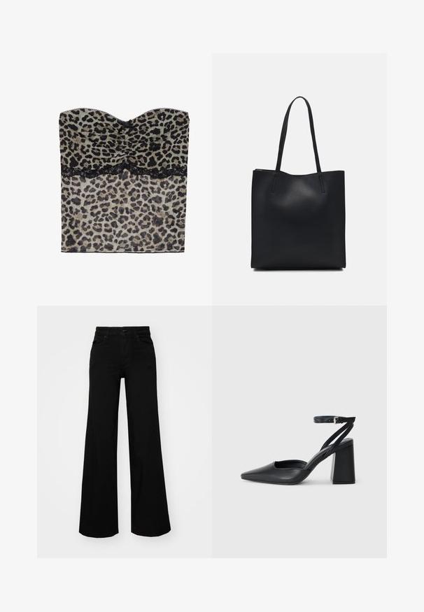 Lauku leopardu raksta bez piedurknēm augšdaļa ar rupju faktūru, melna mežģīņu apdare apakšā, izgatavota no viegla auduma.; Melni plaša kāju bikses, izgatavotas no džinsa, ar strukturētu jostu, jostu cilpiņām un priekšējām kabatām. Gluda tekstūra ar klasisku dizainu.; Melna ādas augstpapēžu kurpe ar norakstīto purngala formu, potītes siksniņu un masīlu papēdi. Gluda tekstūra, elegants dizains un minimālisma estētika.; Melnas ādas somiņa ar gludu tekstūru, taisnstūra formu un divām garām rokturiem. Nav redzamu aparatūras vai rotājumu.