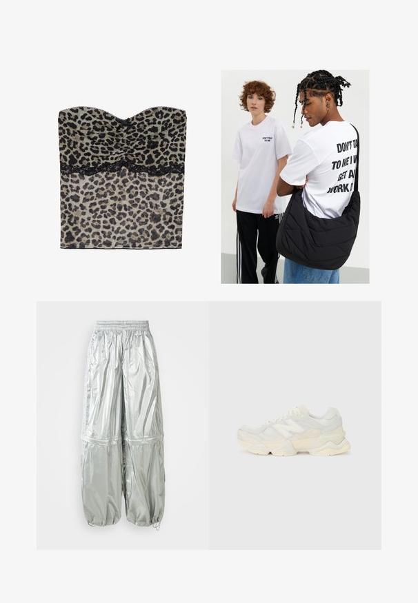 Top sem alças em padrão de leopardo com textura franzida, com rendas pretas na parte inferior, confeccionado em tecido leve.; Calças cargo leves prateadas com um tom brilhante, faixa elástica na cintura, punhos franzidos e dois grandes bolsos frontais.; Sapatilha leve com um upper em malha e camurça em tons suaves de creme, com uma sola robusta e acentos tridimensionais.; Carteira de ombro preta, acolchoada e com uma textura suave, usada por uma pessoa com uma t-shirt gráfica branca com texto em negrito. Vestuário casual com jeans.