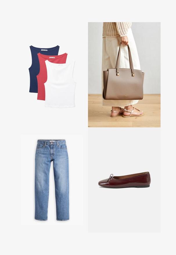 Tre ärmlösa linnen: marinblå, röd och vit. Mjuk, elastisk tyg med rundade halslinjer och en klassisk skärning.; Ljusblå denimjeans med rak passform, fem fickor och dragkedja. Tyget har en klassisk texturerad yta med lätt blekning.; Burgunderfärgad lackläderballettskor med rund tå, liten rosettdekoration fram och en låg, svart gummisula. Slät textur.; Brun syntetisk axelväska med två långa handtag, fyrkantiga metalliska detaljer och en subtil logotyp. Bärs med en ljus krämfärgad kjol och sandaler.