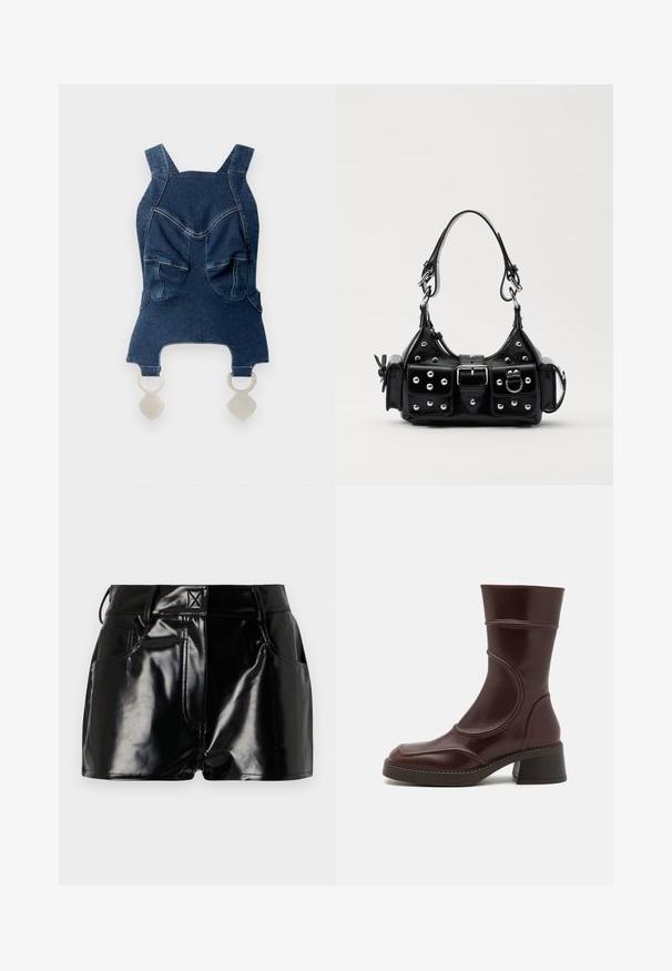 Farmer dzseki széles vállpántokkal, két elülső zsebbel, ívelt dekoltázzsal és ezüst színű fémrészekkel az alján a rögzítéshez.; Fekete, fényes sort szintetikus anyagból. Jellemzője a fitted derék, övhurkok és elülső zsebek jellegzetes varrási részletekkel.; MIISTA MALENE - Klasszikus bokacsizmák - brown; Fekete bőr kézitáska ívelt designnal, ezüst szegecsekkel, csattal és két oldalsó zsebbel. Állítható vállpánt a hordozási lehetőségekhez.