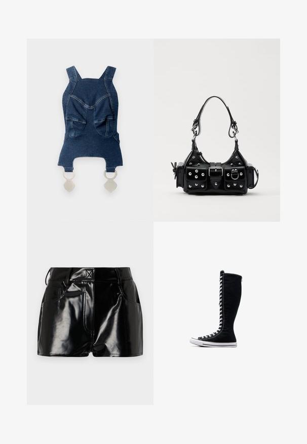 Denim ylös leveillä olkaimilla, joissa on kaksi etutaskua, kaareva pääntie ja hopeiset kiinnikkeet alaosassa.; Lyhyet mustat kiiltävät shortsit, jotka on valmistettu synteettisestä materiaalista. Niissä on hyvä istuvuus vyötäröllä, vyölenkit ja etutaskut, joissa on näkyvät ompeluyksityiskohdat.; Musta korkeavartinen lenkkarit, joissa on korkea muotoilu, valmistettu kankaasta. Varustettu valkoisilla nauhoilla, ompeleilla ja kumipohjalla, jossa on varvaskuppi.; Musta nahkainen käsilaukku, jossa on kaareva muotoilu, hopeiset niitit, solki ja kaksi sivutaskua. Säädettävä olkahihna erilaisiin kantovaihtoehtoihin.