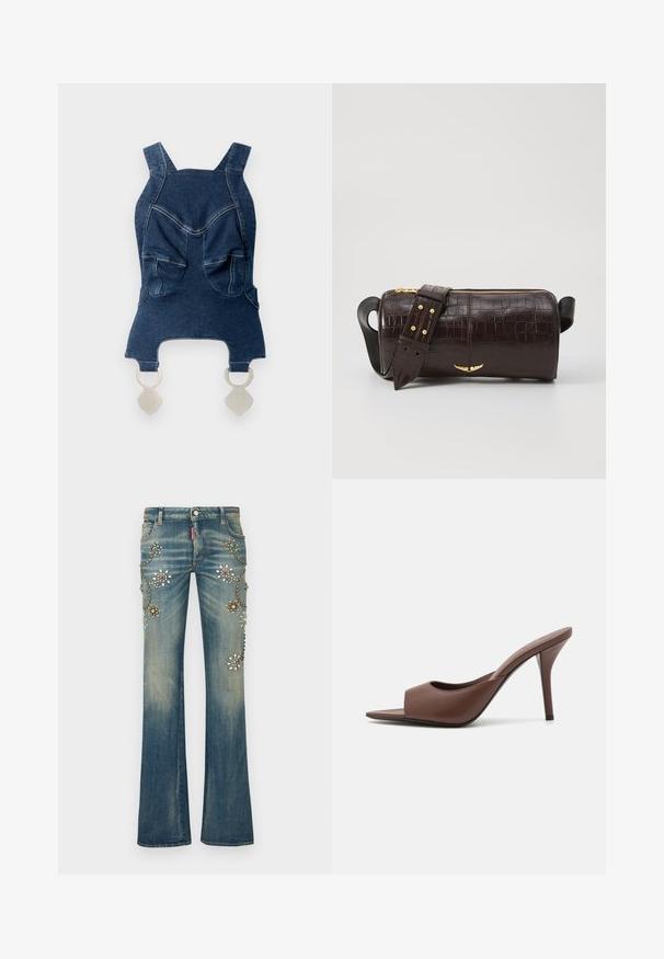 Denim top med brede skulderstropper, to forlommer, en buet halsudskæring og sølvhardware forneden til fastgørelse.; Blå denimjeans med vidde i benene har blomsterudsmykninger i forskellige farver samt nitter og palietter arrangeret i et dekorativt mønster.; Brune læder open-toe højhælede mules med et slankt design, der har en bred frontrem og en slank stiletto-hæl.; Brun krokodilleder taske med cylindrisk form, hardware i guld-tone, og en aftagelig rem med nitter.