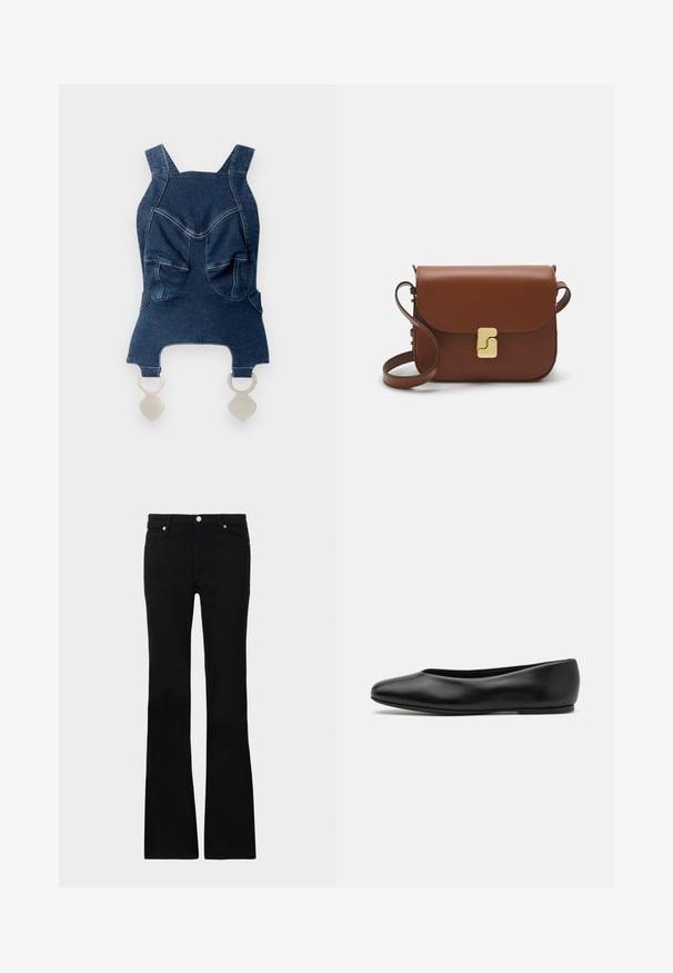 Denim top with wide shoulder straps, two front pockets, a curved neckline, and silver hardware at the bottom for fastening.; Black flared jeans made of denim, featuring two front pockets, a button closure, and a smooth texture. Signature stitching visible at seams.; Paul Smith TOPANGA - Ballet pumps - black; Brown leather handbag with a flap closure, gold-tone hardware, a shoulder strap, and a smooth texture. Compact rectangular shape.