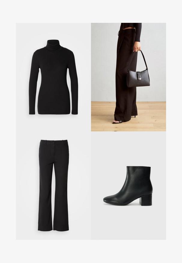 Marc O'Polo TURTLE NECK - Pitkähihainen paita - black; Mustat puuvillasekoitetekstiilit, jossa on suora lahje, etunappi kiinnitys ja kaksi sivutaskua. Sileä rakenne, ei näkyviä kuvioita.; Musta nahkasaappaat nilkkapituudella, jossa on terävä kärki ja paksu korko. Silkkinen pinta, jossa on minimaaliset yksityiskohdat ja tyylikäs, istuva muotoilu.; Musta käsilaukku, jossa on rakenteellinen muoto, sileä pinta ja metallinen solki. Yhdistetty leveisiin mustiin housuihin ja avonaiheisiin sandaaleihin puulattialla.