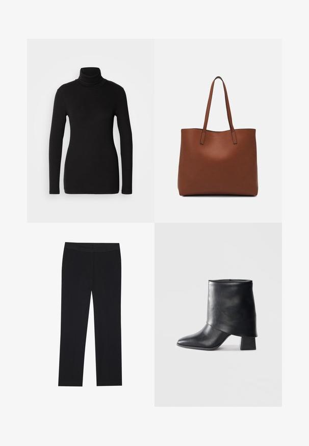 Marc O'Polo TURTLE NECK - Camisola de manga comprida - black; Calças pretas com um design de perna reta, apresentando bolsos laterais e uma textura de tecido suave. Detalhes mínimos, cós limpo.; Bota de tornozelo em couro preto com bico afilado, textura suave e um salto bloco estruturado. Apresenta um design de cano alto e dobrado.; Bolsa tote de couro castanho com uma textura suave, design de abertura superior e duas alças para o ombro. Apresenta costura mínima e sem hardware visível.