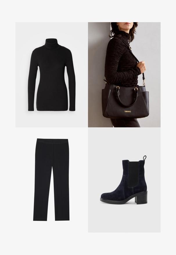 Marc O'Polo TURTLE NECK - Topper langermet - black; Sorte bukser med rette ben, med sidelommer og en glat stoffeksur. Minimal detaljer, ren linning.; Mørkeblå skinn ankelsko med elastisk sidepanel, avrundet tå og blokkhelt. Tekstilt stoff og glatt såle gir kontrast.; Svart håndveske med teksturert overflate, doble topphåndtak og justerbar skulderrem. Har detaljer i gulltone og sidelommer.